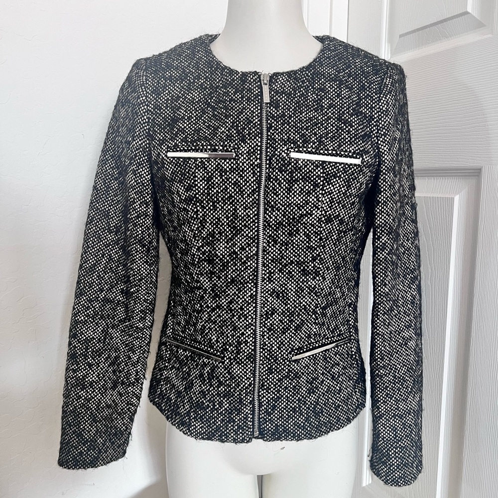 Michael Michael Kors Womens Brown Black Wool Tweed Full Zip Jacket Size 8P